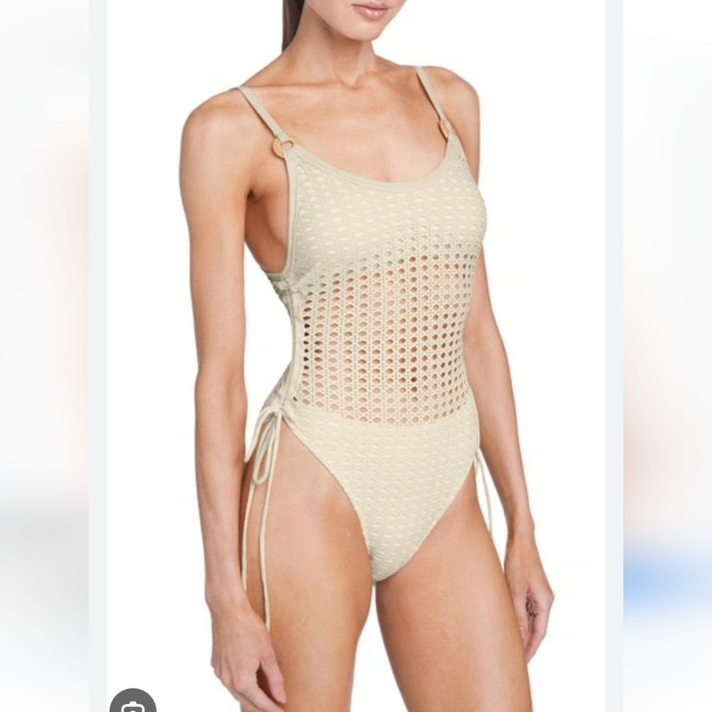 NWT Robin Piccone Marlow Mesh Adjustable One Piece Swimsuit, 12, Ecru